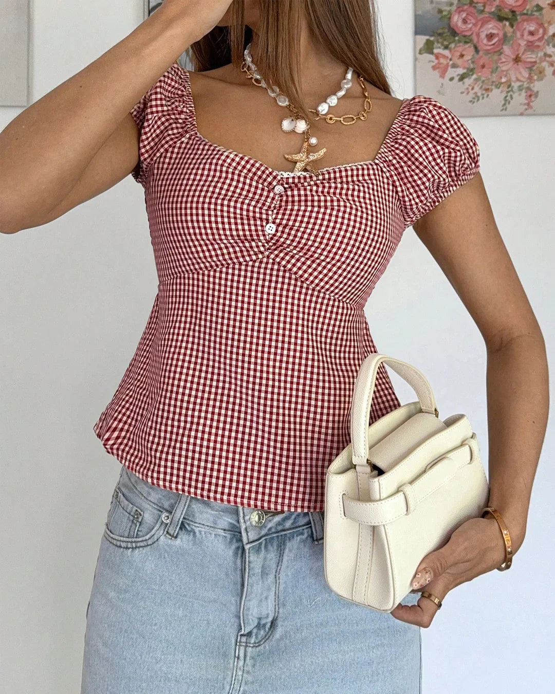 Sweetheart Neck Slim Fit Straight Hem Gingham Top in Red