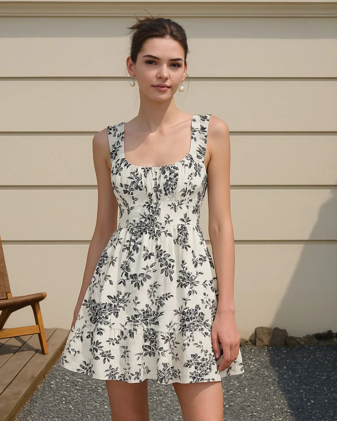 Sweetheart Neckline Floral Knotted Mini Dress In Black Print