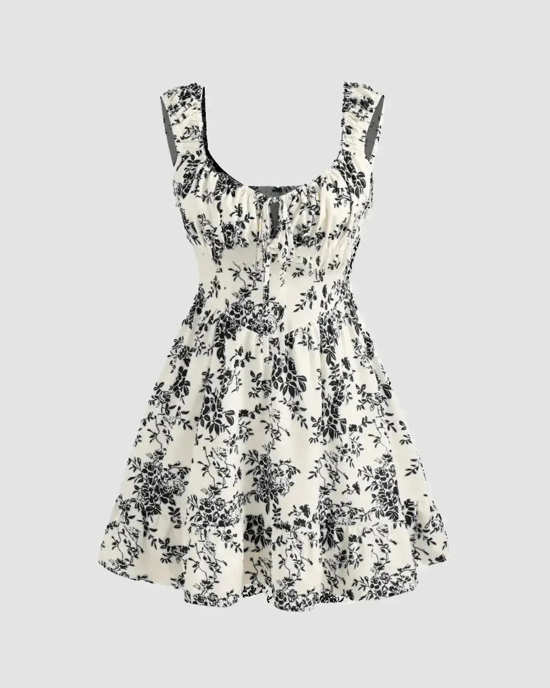 Sweetheart Neckline Floral Knotted Mini Dress In Black Print