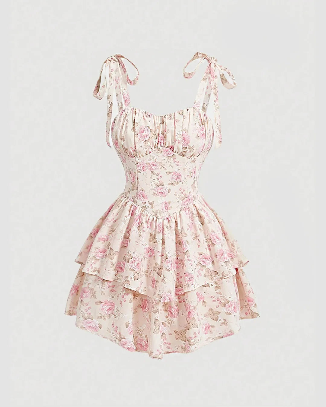 Sweetheart Neckline Ruched Bust Floral Dress With Shoulder Ties