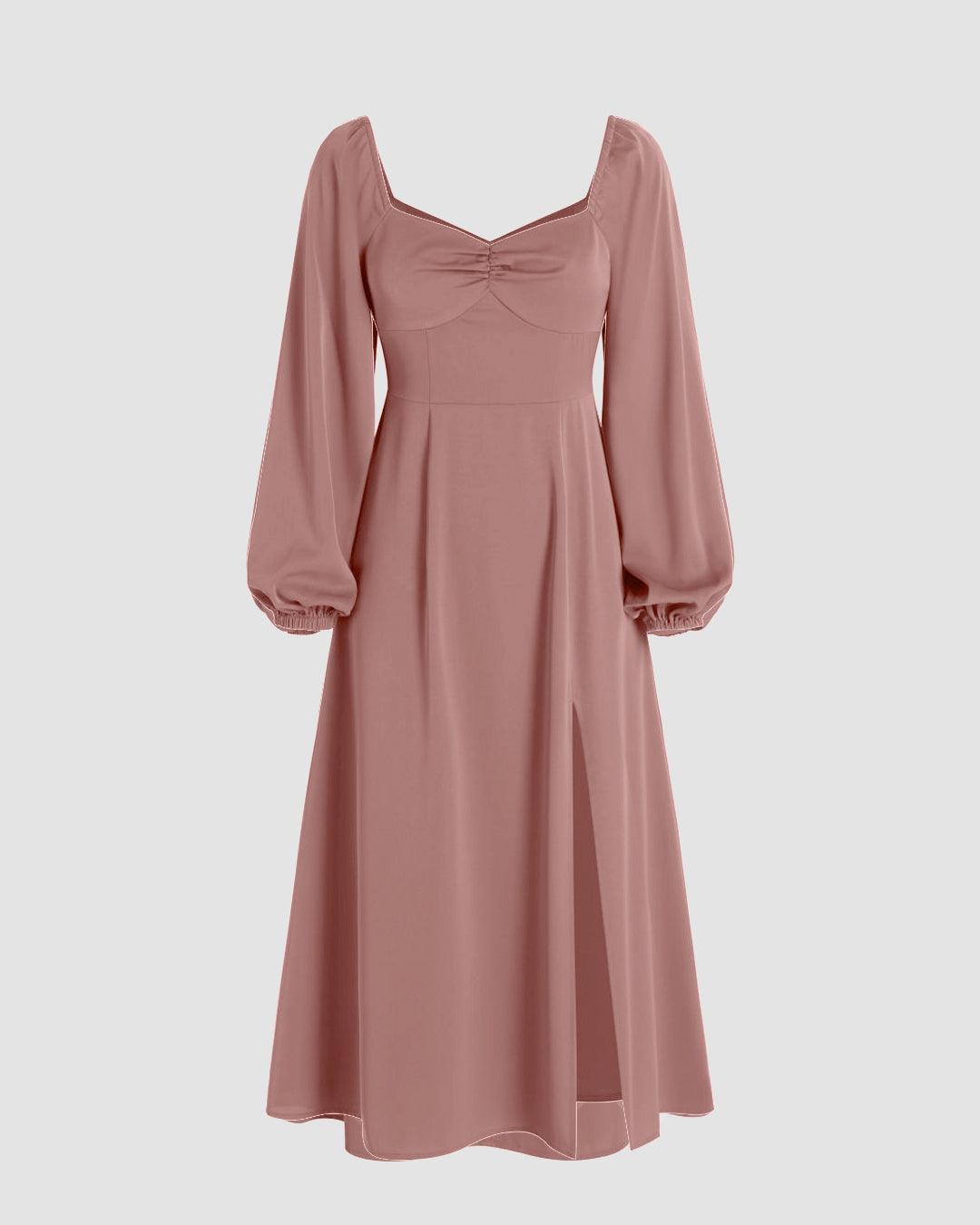 Sweetheart Peasant-Sleeve Peach Dress