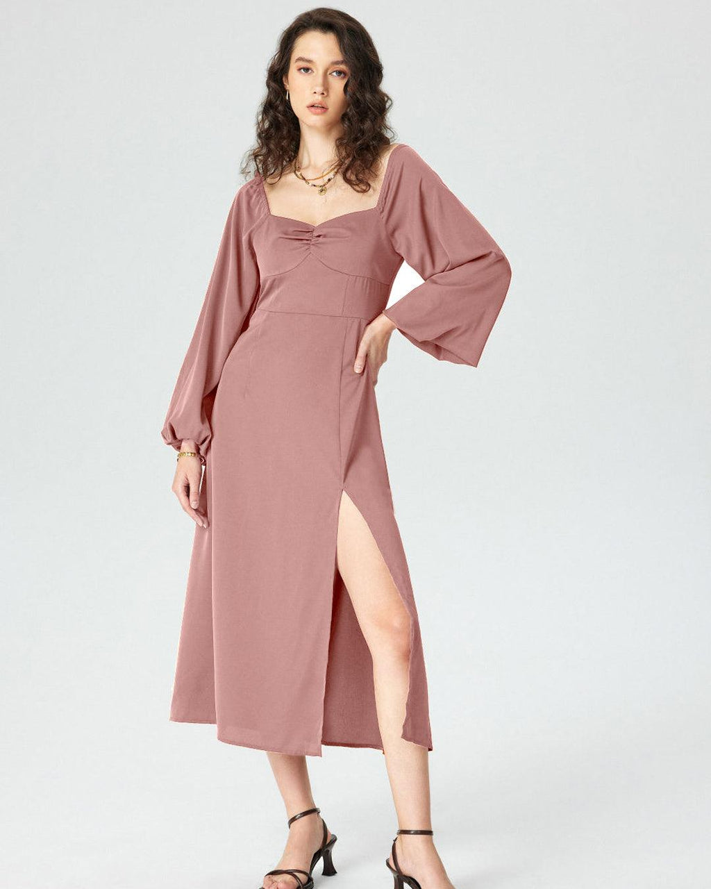 Sweetheart Peasant-Sleeve Peach Dress