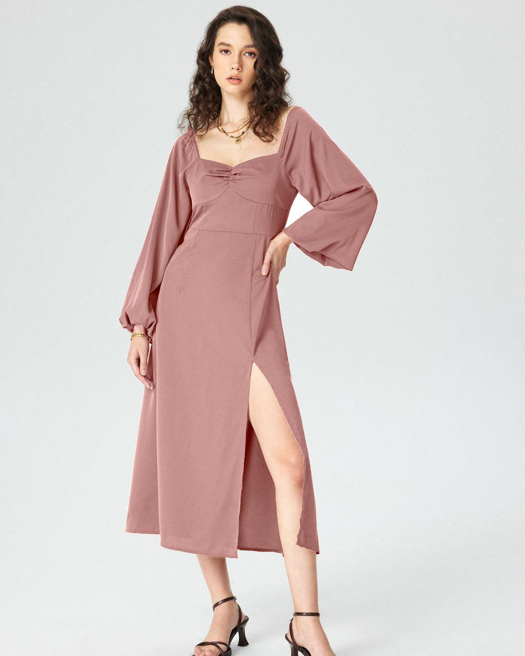 Sweetheart Peasant-Sleeve Peach Dress