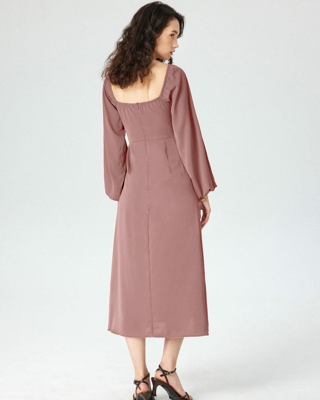Sweetheart Peasant-Sleeve Peach Dress