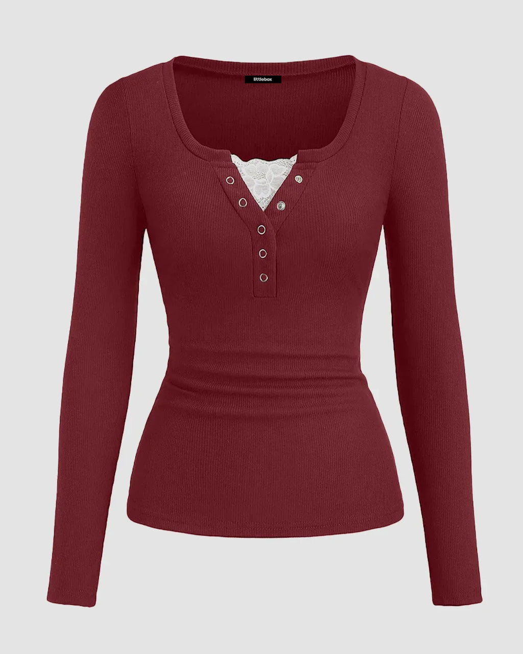 Round Neck Slim-Fit Straight Hem Solid Long Sleeve Top in Maroon
