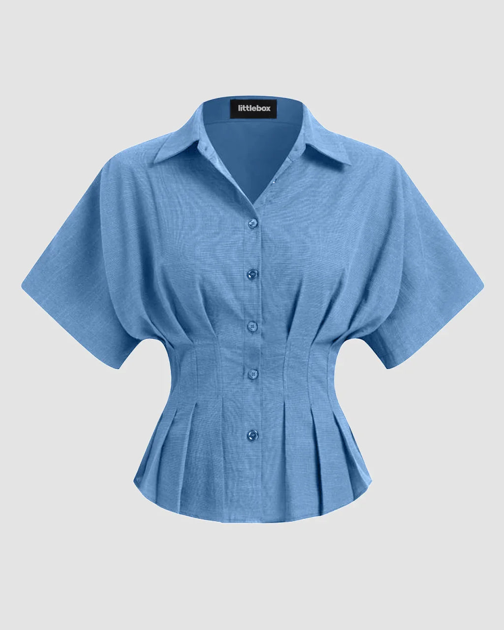 Collar V-neck Pleated Short Sleeve Shirt in Light Blue