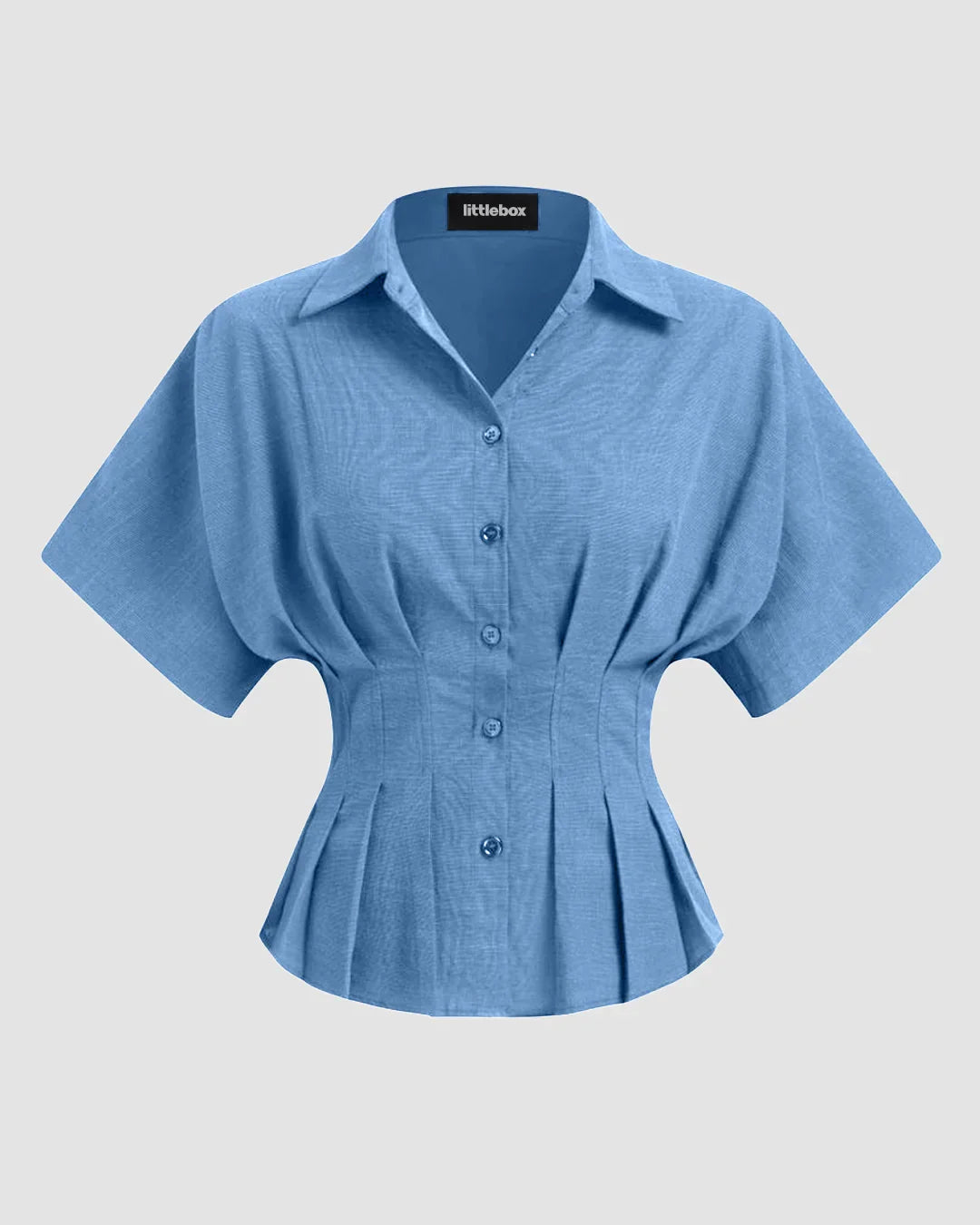 Collar V-neck Pleated Short Sleeve Shirt in Light Blue