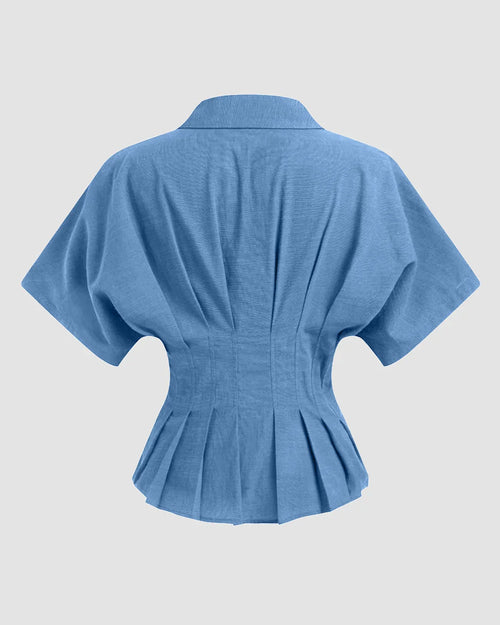Collar V-neck Pleated Short Sleeve Shirt in Light Blue