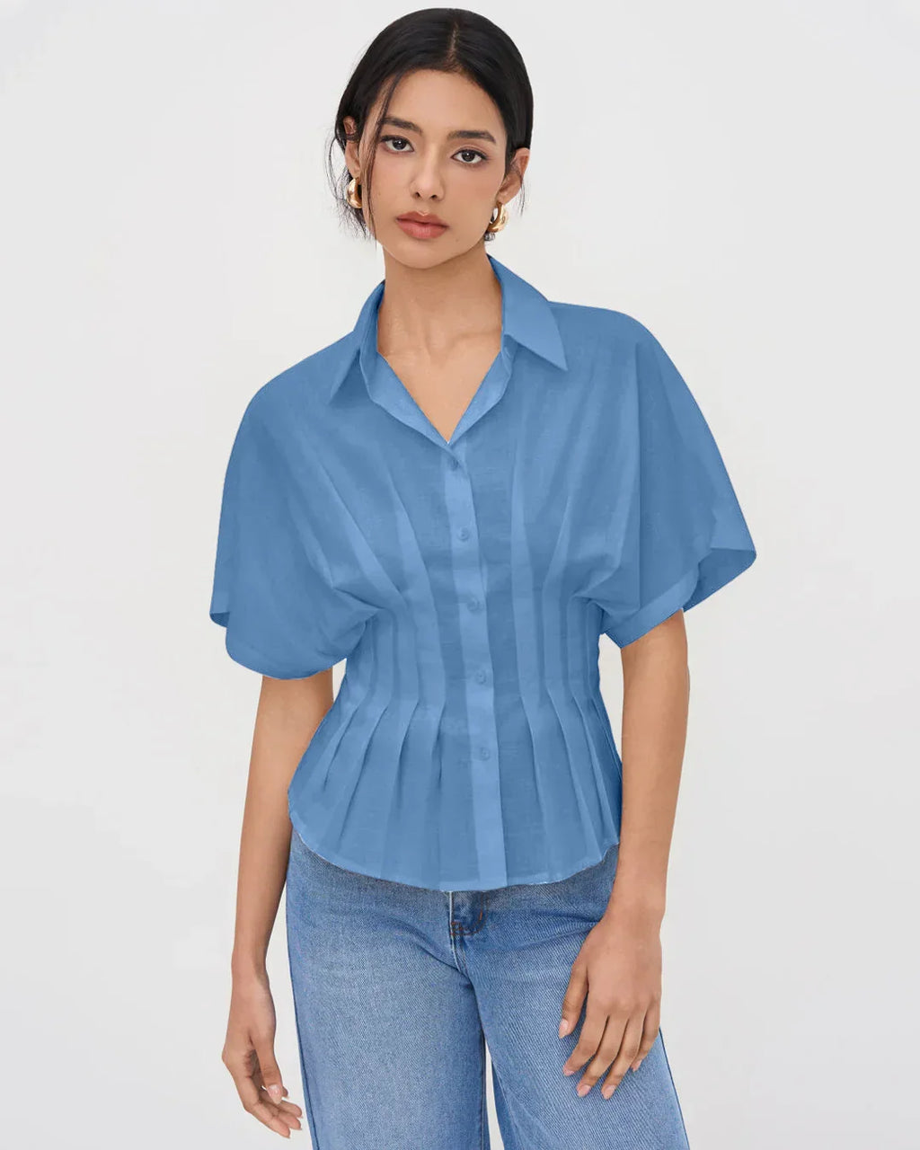 Collar V-neck Pleated Short Sleeve Shirt in Light Blue