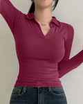 Collared V-Neck Slim Fit Solid Full Sleeve Crop Top in Maroon