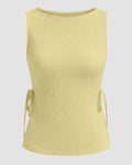 Boat Neck Texture Knotted Split Tank Top in French Vanilla