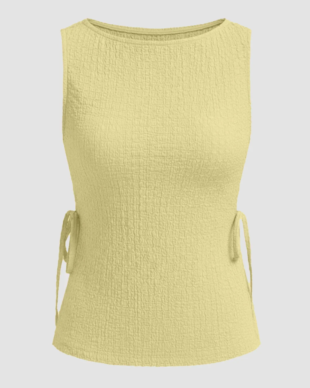 Boat Neck Texture Knotted Split Tank Top in French Vanilla