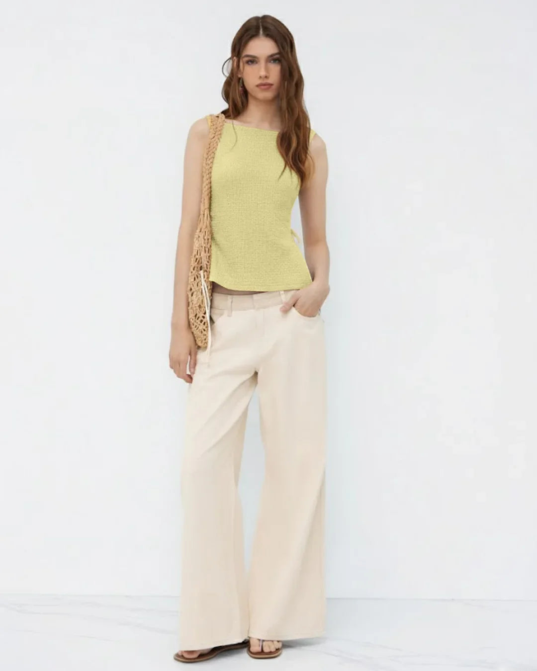 Boat Neck Texture Knotted Split Tank Top in French Vanilla