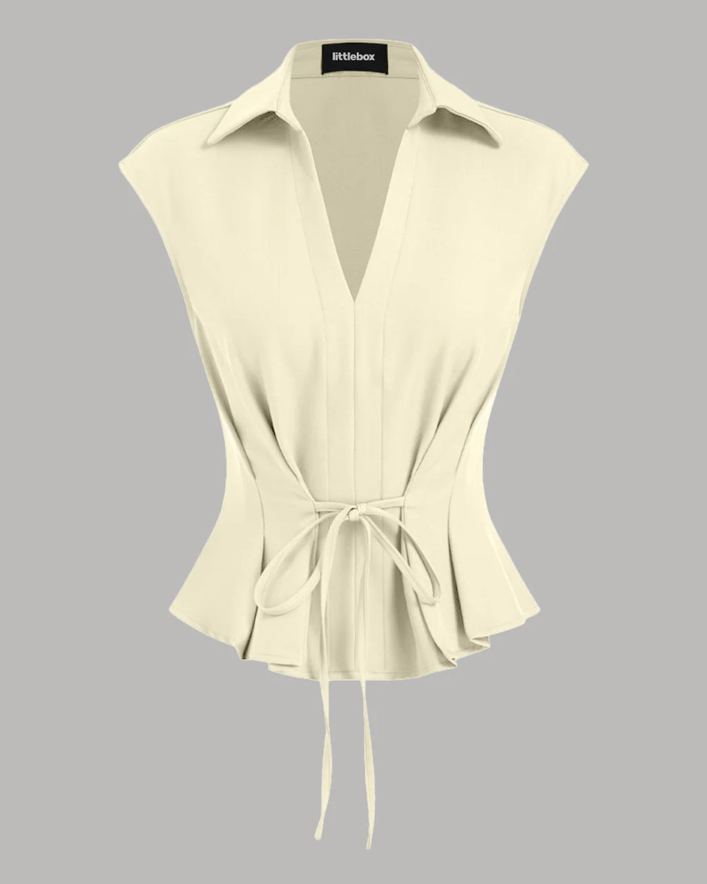 V-Neck Ruched Ruffled Tie Front Top in Beige