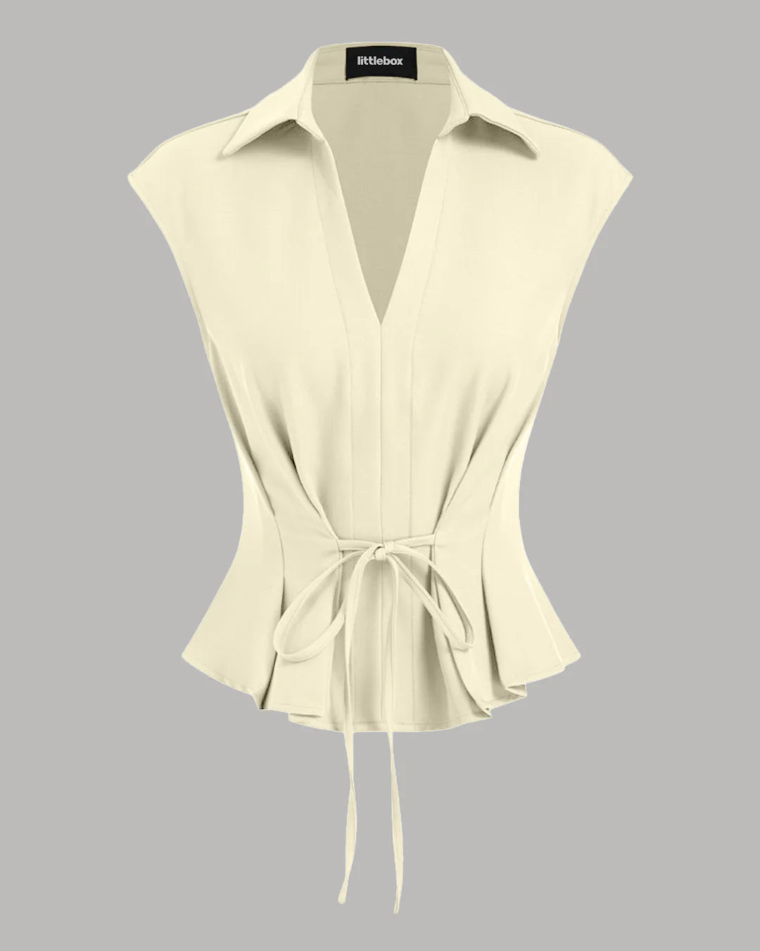 V-Neck Ruched Ruffled Tie Front Top in Beige