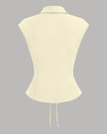 V-Neck Ruched Ruffled Tie Front Top in Beige