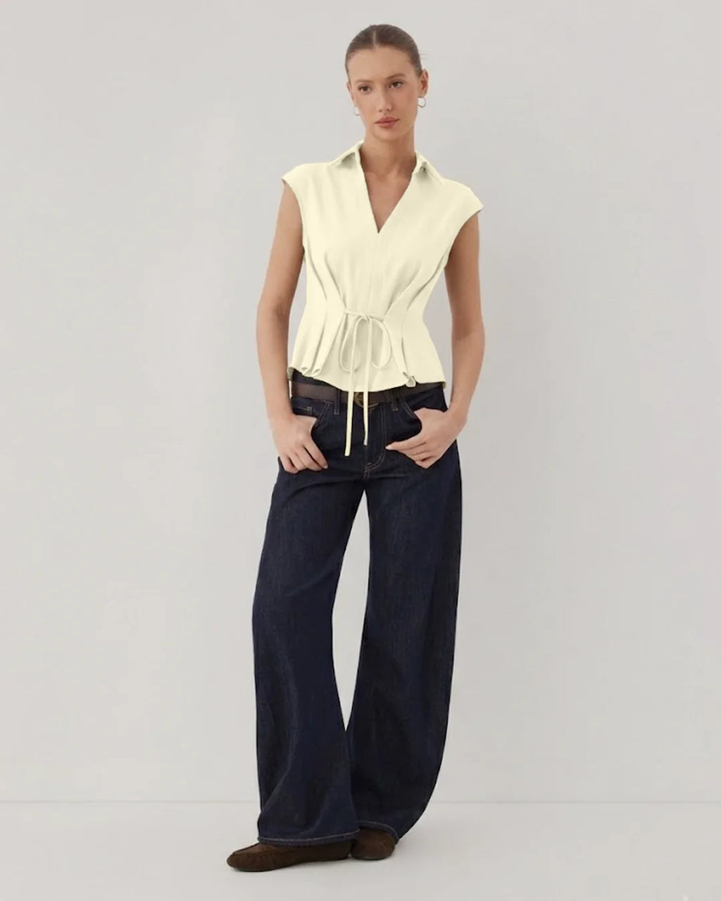 V-Neck Ruched Ruffled Tie Front Top in Beige