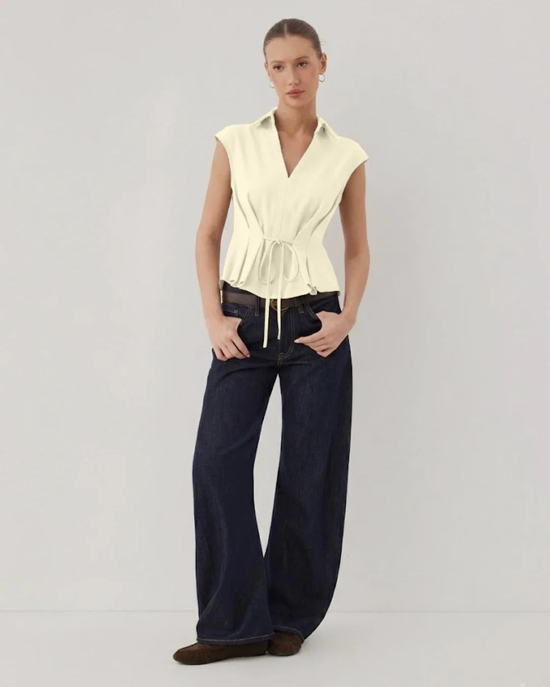 V-Neck Ruched Ruffled Tie Front Top in Beige