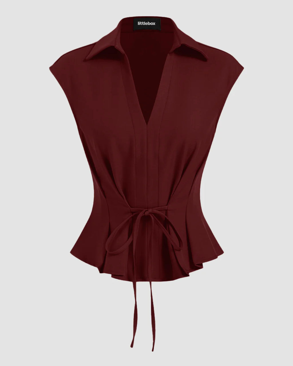 V-Neck Ruched Ruffled Tie Front Top in Maroon