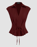 V-Neck Ruched Ruffled Tie Front Top in Maroon