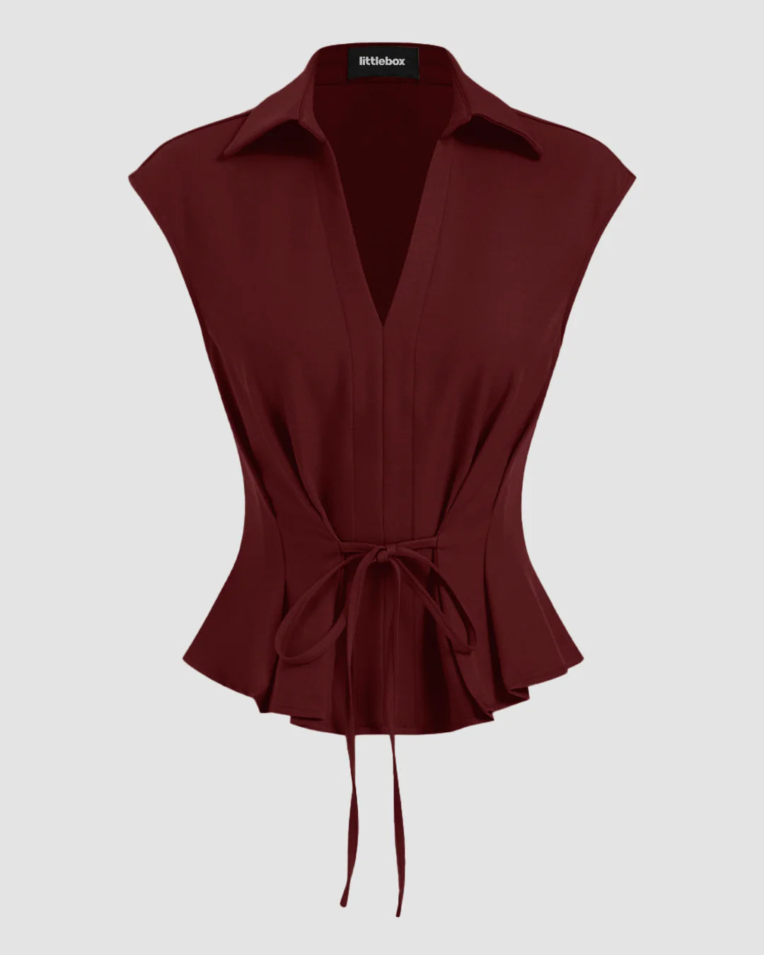 V-Neck Ruched Ruffled Tie Front Top in Maroon
