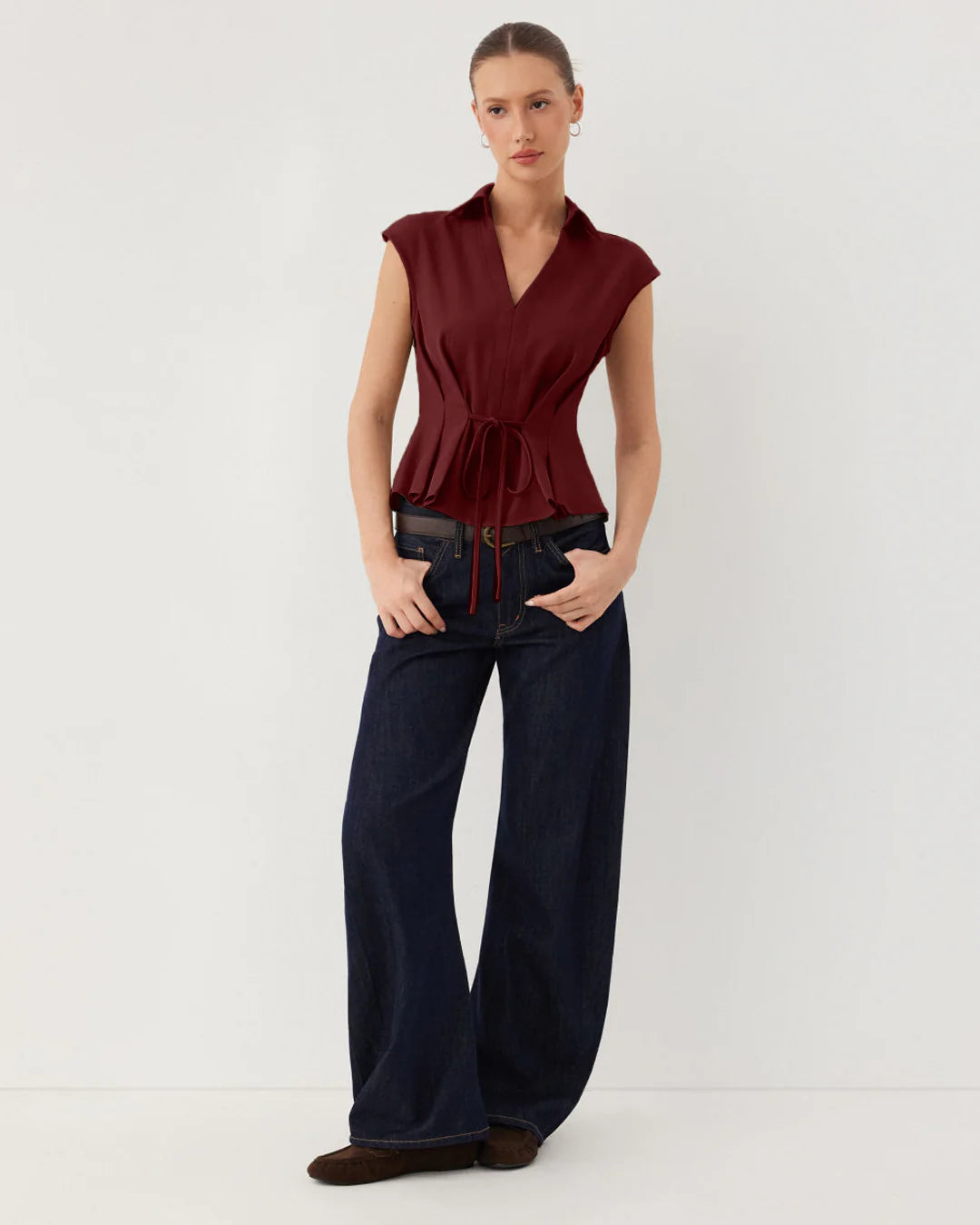 V-Neck Ruched Ruffled Tie Front Top in Maroon