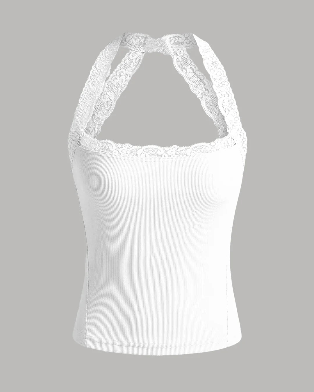 Halter Neckline Lace Trim Tank Top in White