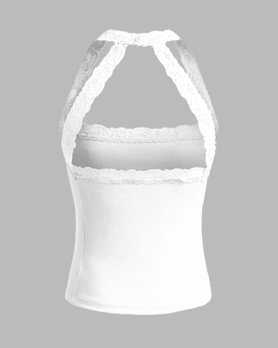 Halter Neckline Lace Trim Tank Top in White