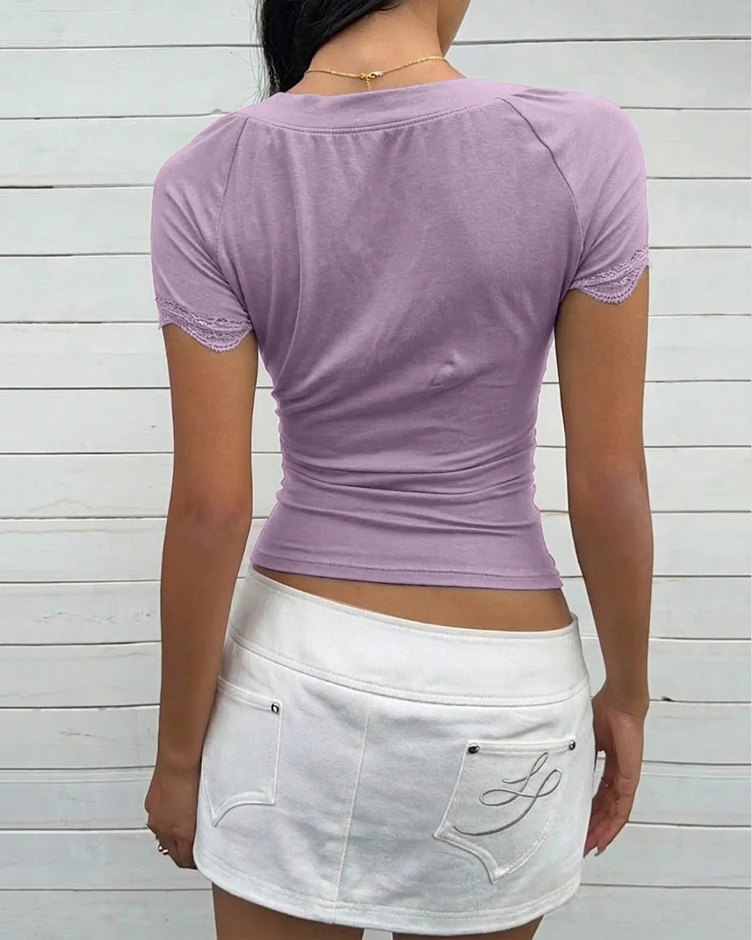 Ruffle Slim Fit Sweetheart Neck Short Sleeve Top in Lilac