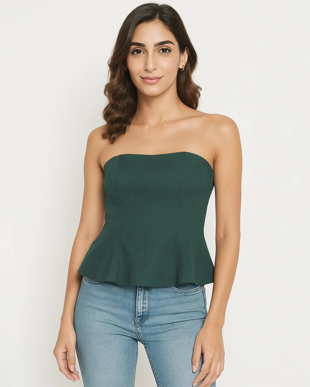 Strapless Peplum Bustier Top In Olive Green