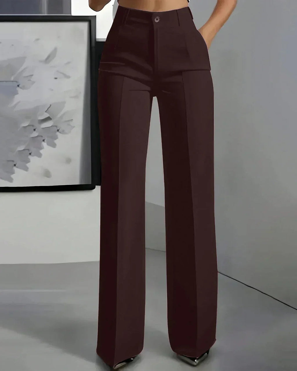 High-Waist Straight Loose Solid Color Button Zipper Pocket Pants in Purple
