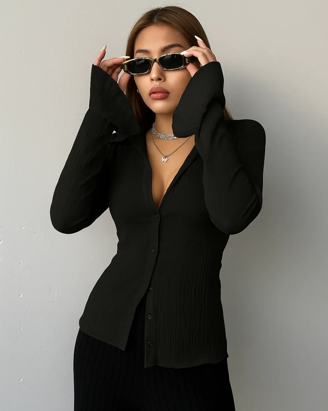 Tailored Collared Neck Button Down Shirt with Waist Detail in Black