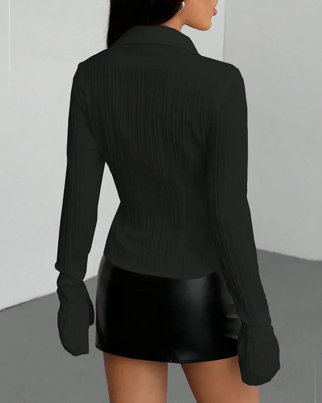 Tailored Collared Neck Button Down Shirt with Waist Detail in Black