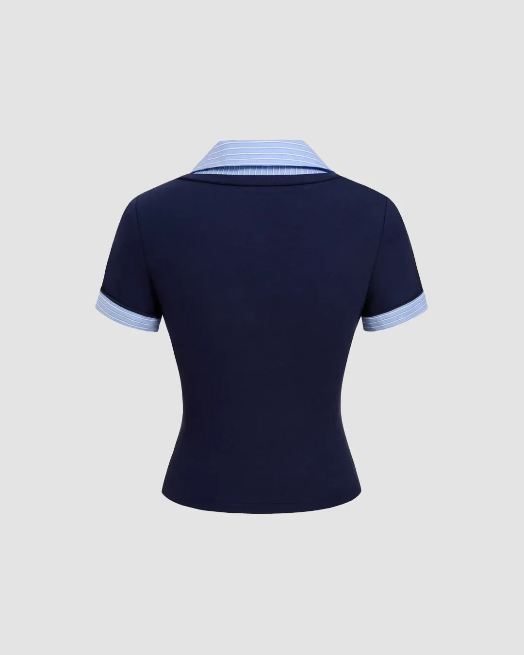 V-Neck Collared Layered Look Fitted Knit Top in Navy Blue