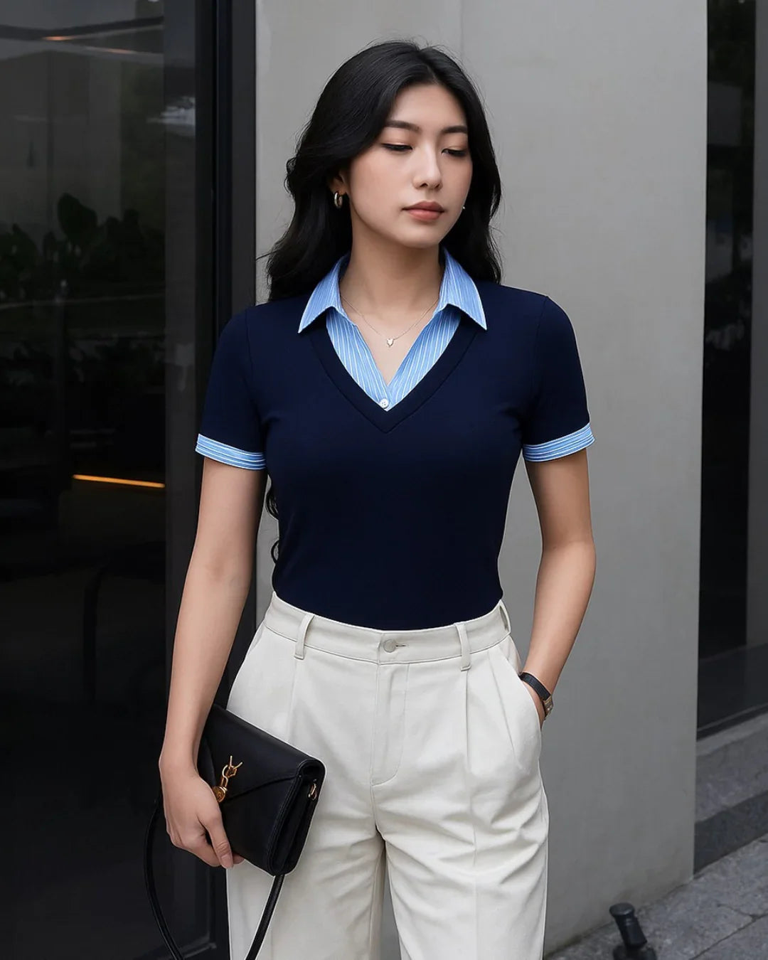 V-Neck Collared Layered Look Fitted Knit Top in Navy Blue