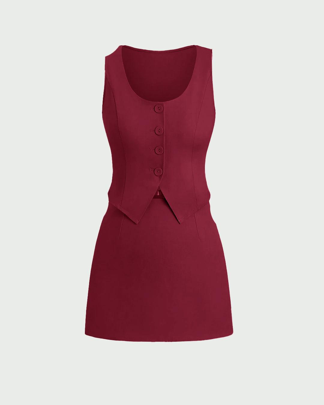 Tailored Waistcoat With Mini Skirt In Redberry