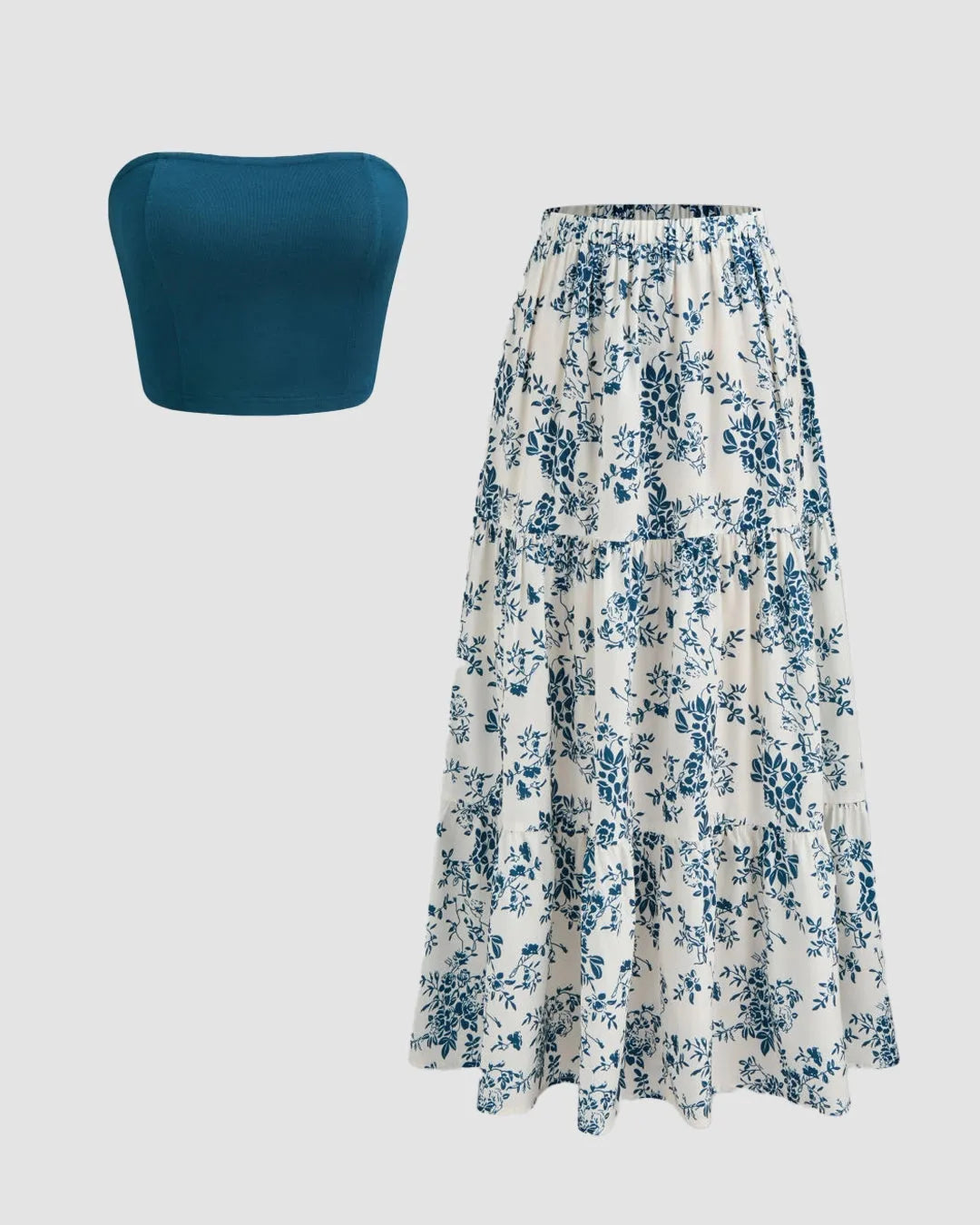 Teal Blue Strapless Tube Top & Floral Tiered Maxi Skirt Set