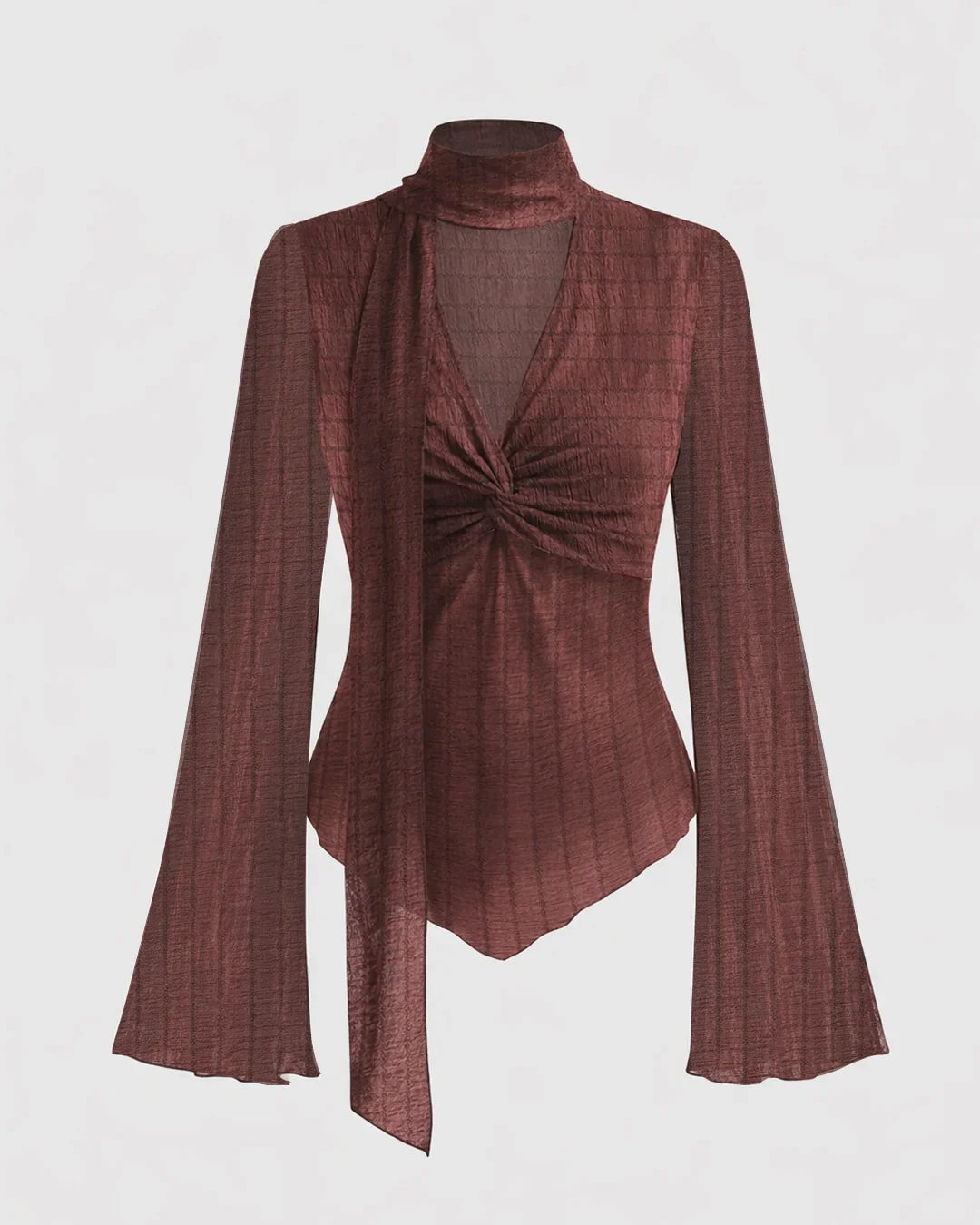 Texture V-neck Flare Sleeve Twist See-through Top With Scarf in Maroon