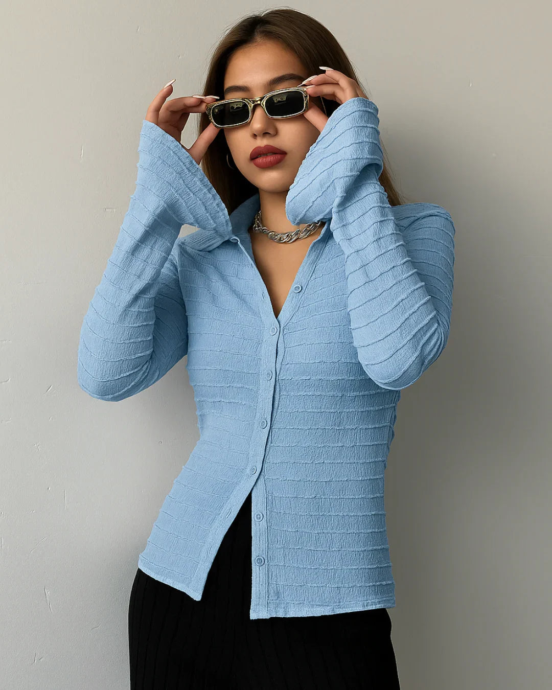Textured Long Sleeve Button Up Top in Dusty Blue