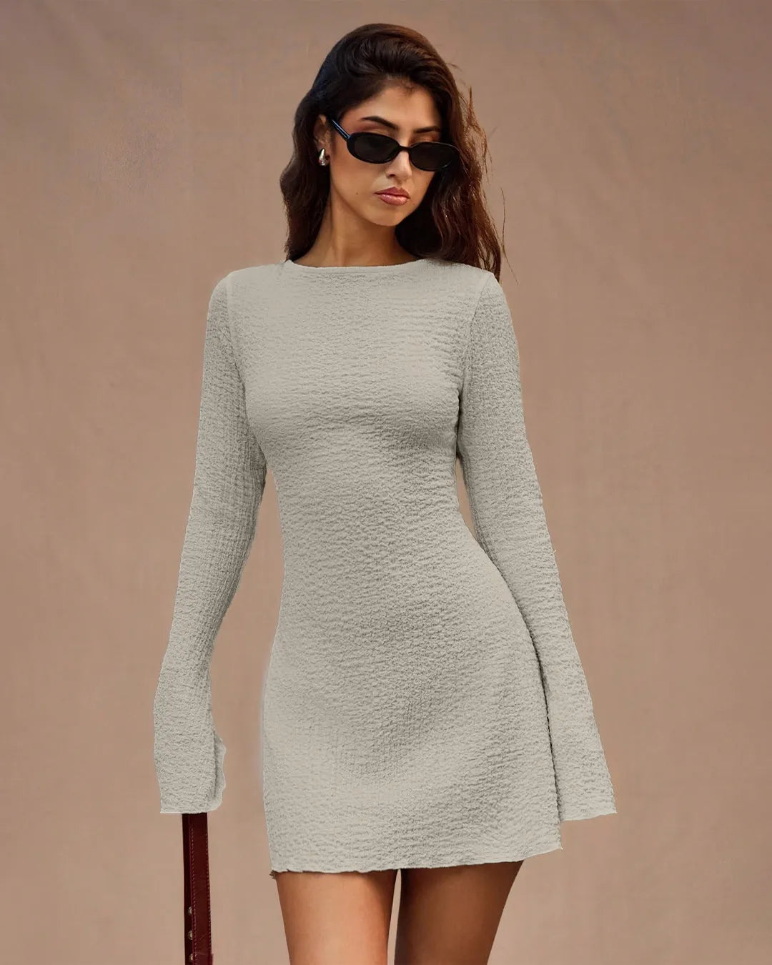 Textured Long Sleeve Dress in Light Grey