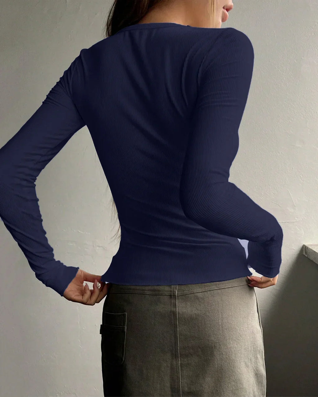 Textured Ribbed Notch Neck Full Sleeve Top in Navy Blue