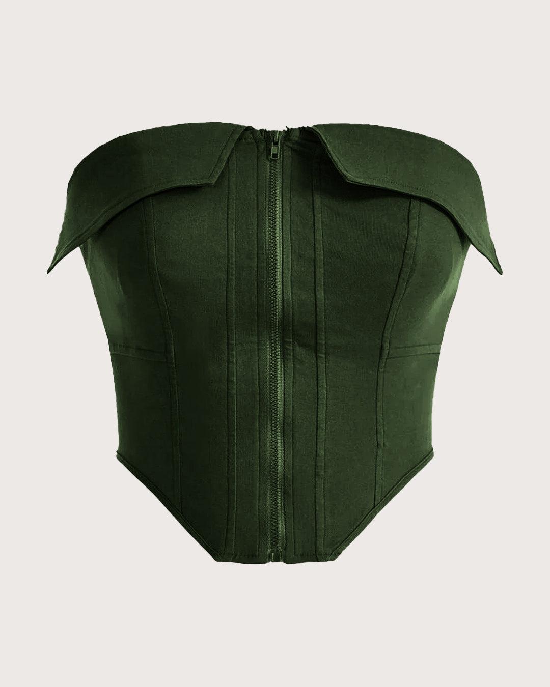 Textured Zip Front Zipper Corset Top In Olive Green