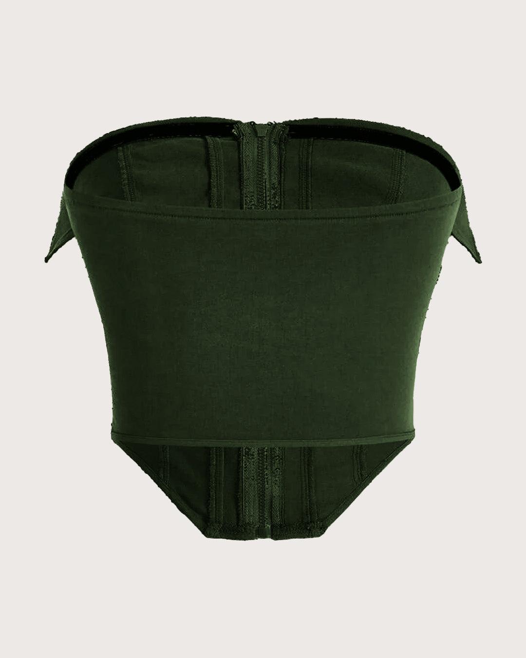 Textured Zip Front Zipper Corset Top In Olive Green