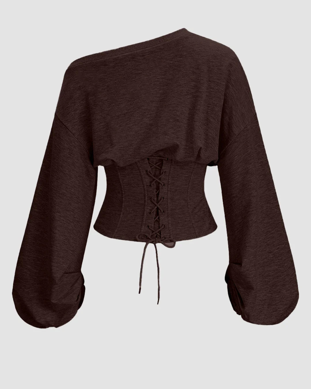Tie-Back Asymmetrical Shoulder Corset Waist Top in Chocolate