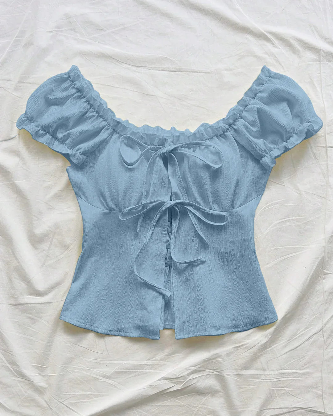 Tie-Up Front Puff Sleeve Off Shoulder Crop Top in Blue