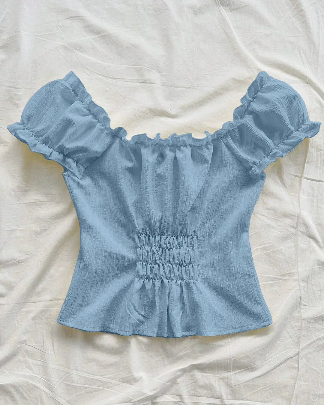 Tie-Up Front Puff Sleeve Off Shoulder Crop Top in Blue
