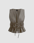 Tie Front Sleeveless Ruffled Grey Top