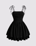 Tie Shoulder Layered Ruched Cami Dress In Black