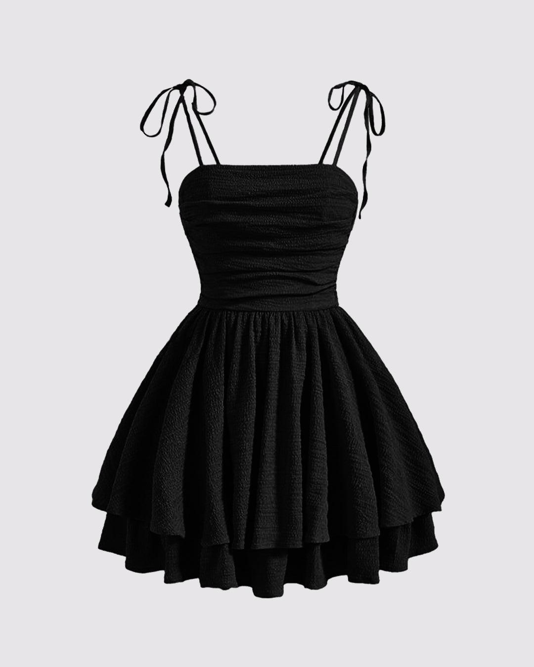 Tie Shoulder Layered Ruched Cami Dress In Black