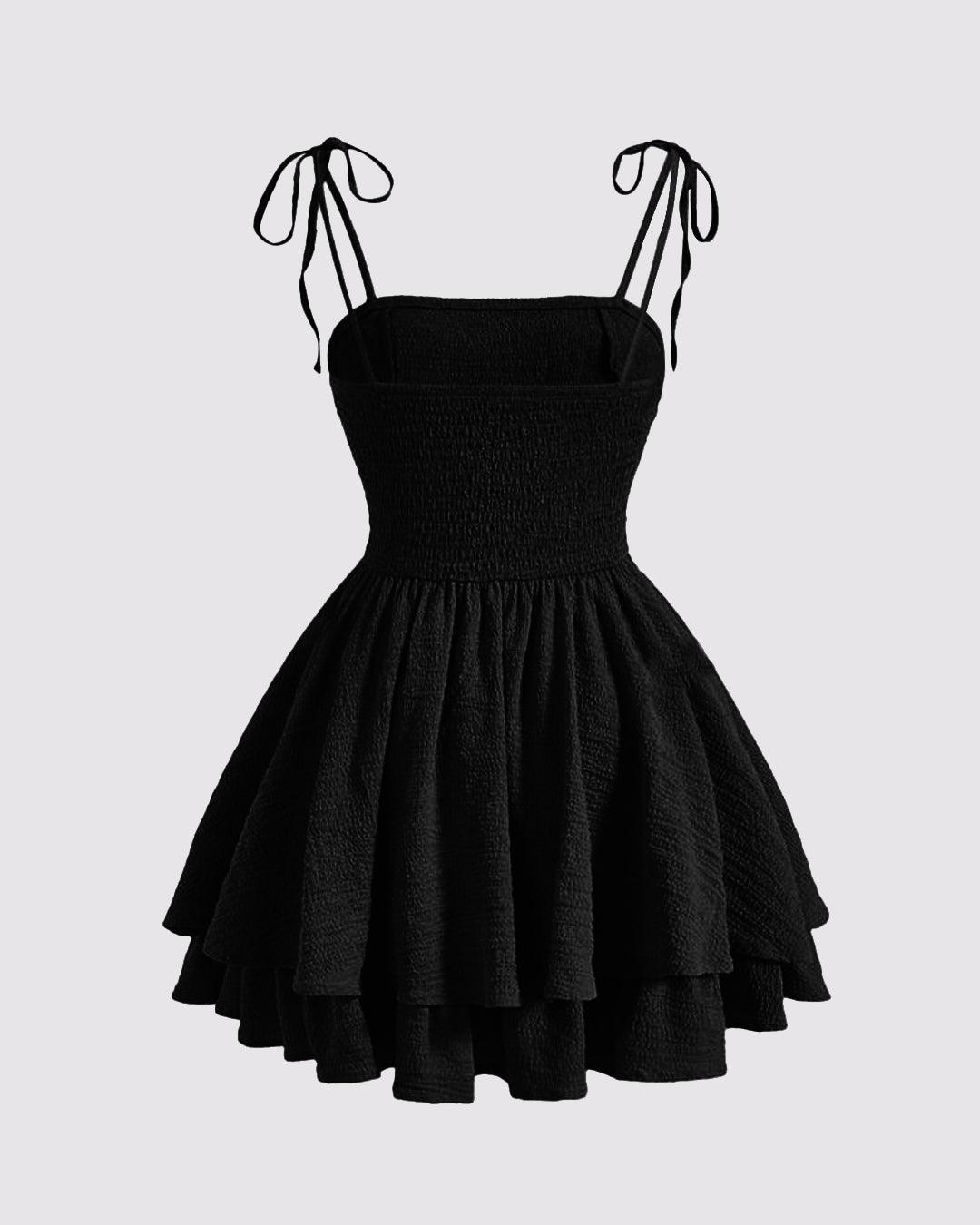 Tie Shoulder Layered Ruched Cami Dress In Black
